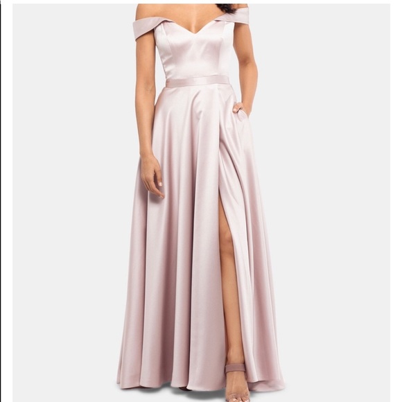 Xscape Dresses Xscape Blush Off Shoulder Gown With Slit And Pockets